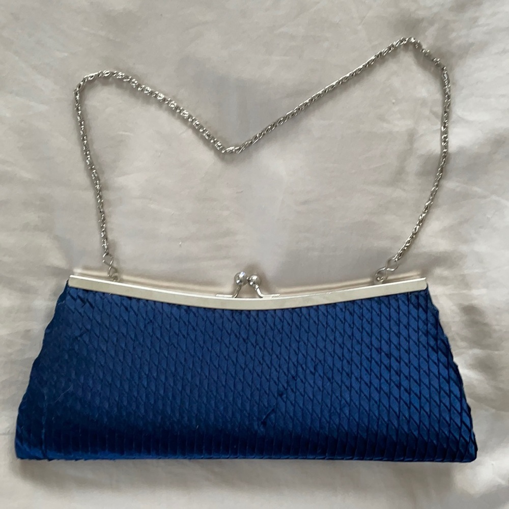 Satin Blue and Silver Clutch with Chain